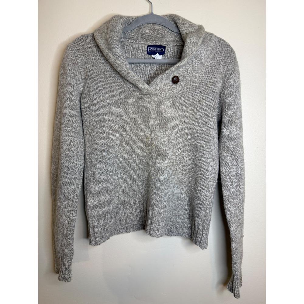 Lands End Womens S 100% Pure Wool Shawl Collar Sweater Brown Grandpa Fisherman